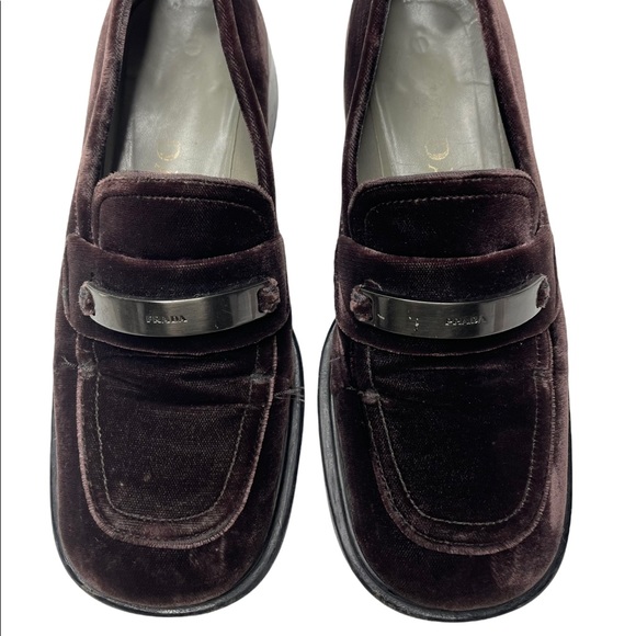 Prada | Y2K 90’s Vintage Brown Velvet Square Toe Chunky Logo Loafers 35.5 - Picture 5 of 12